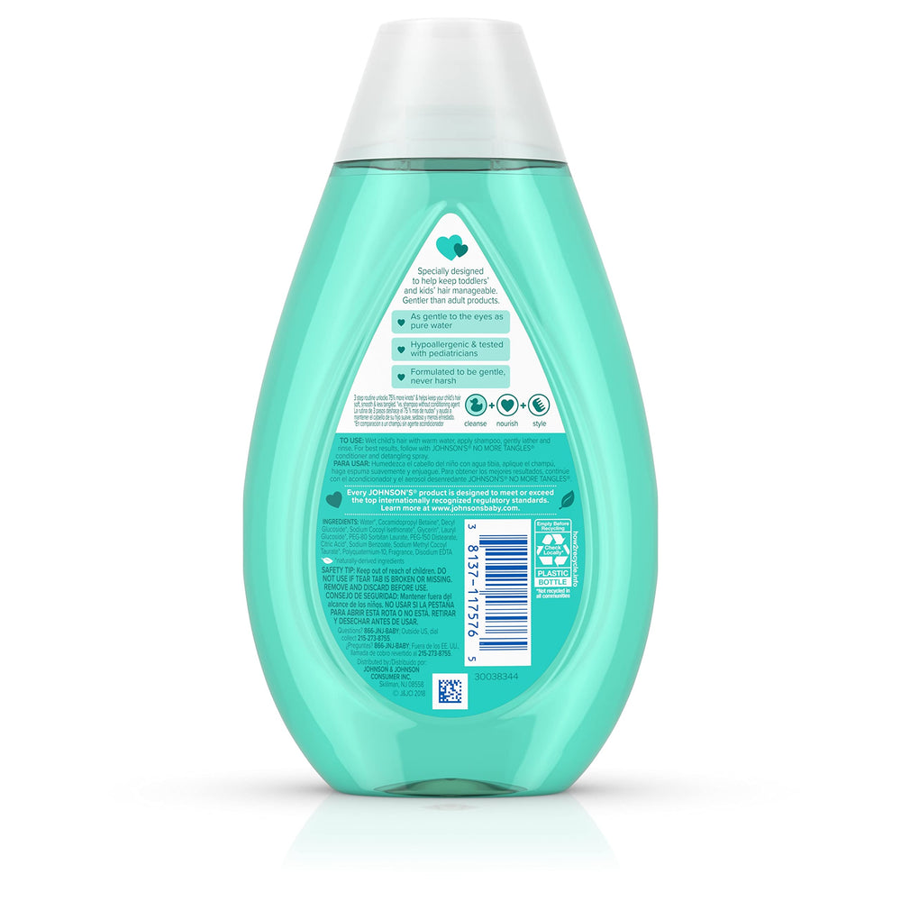 Dyes-free Johnson's No More Tangles bottle on bathroom counter