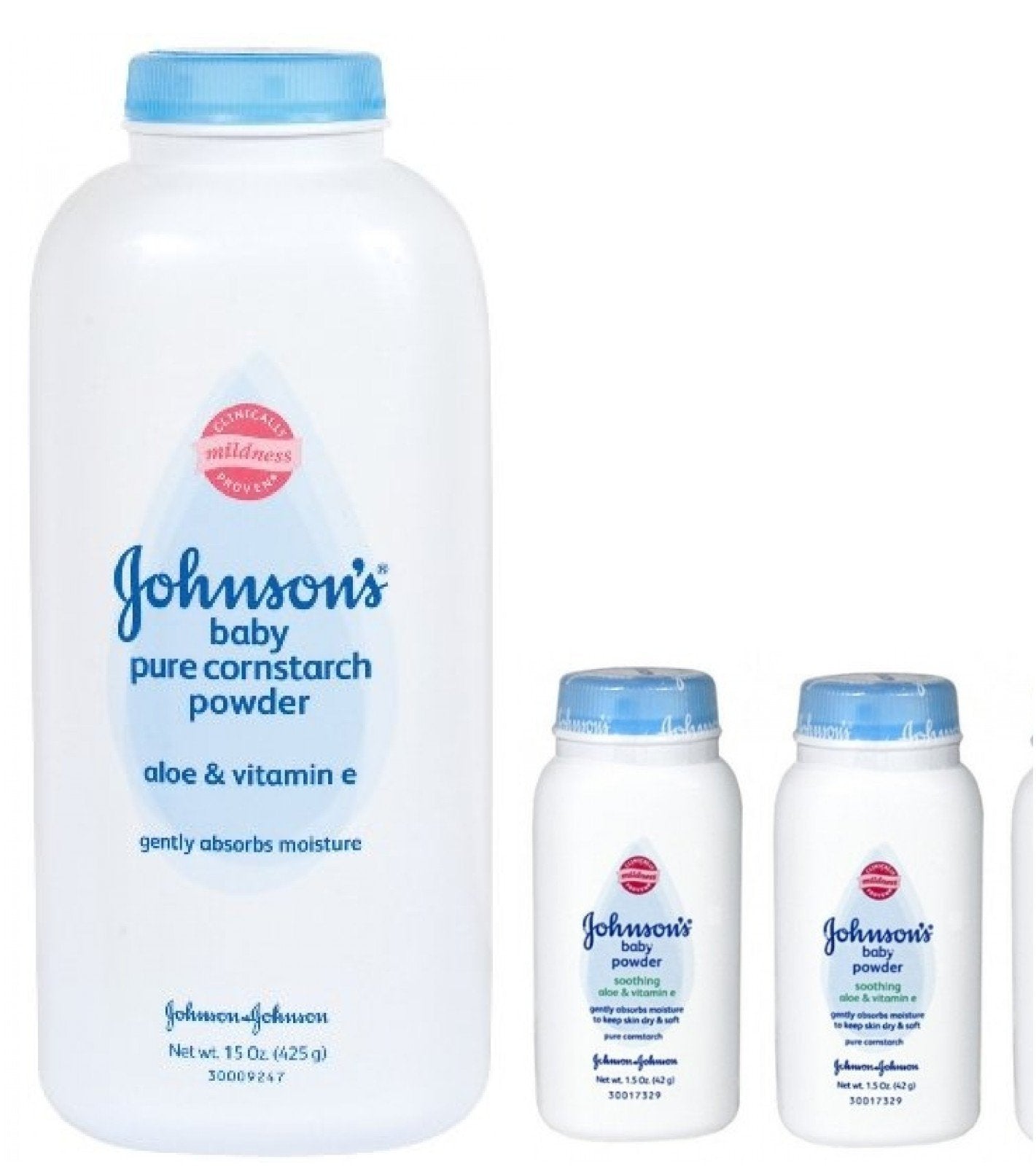 Johnson's Pure Cornstarch Baby Powder bottle with gentle moisture absorption for dry skin.
