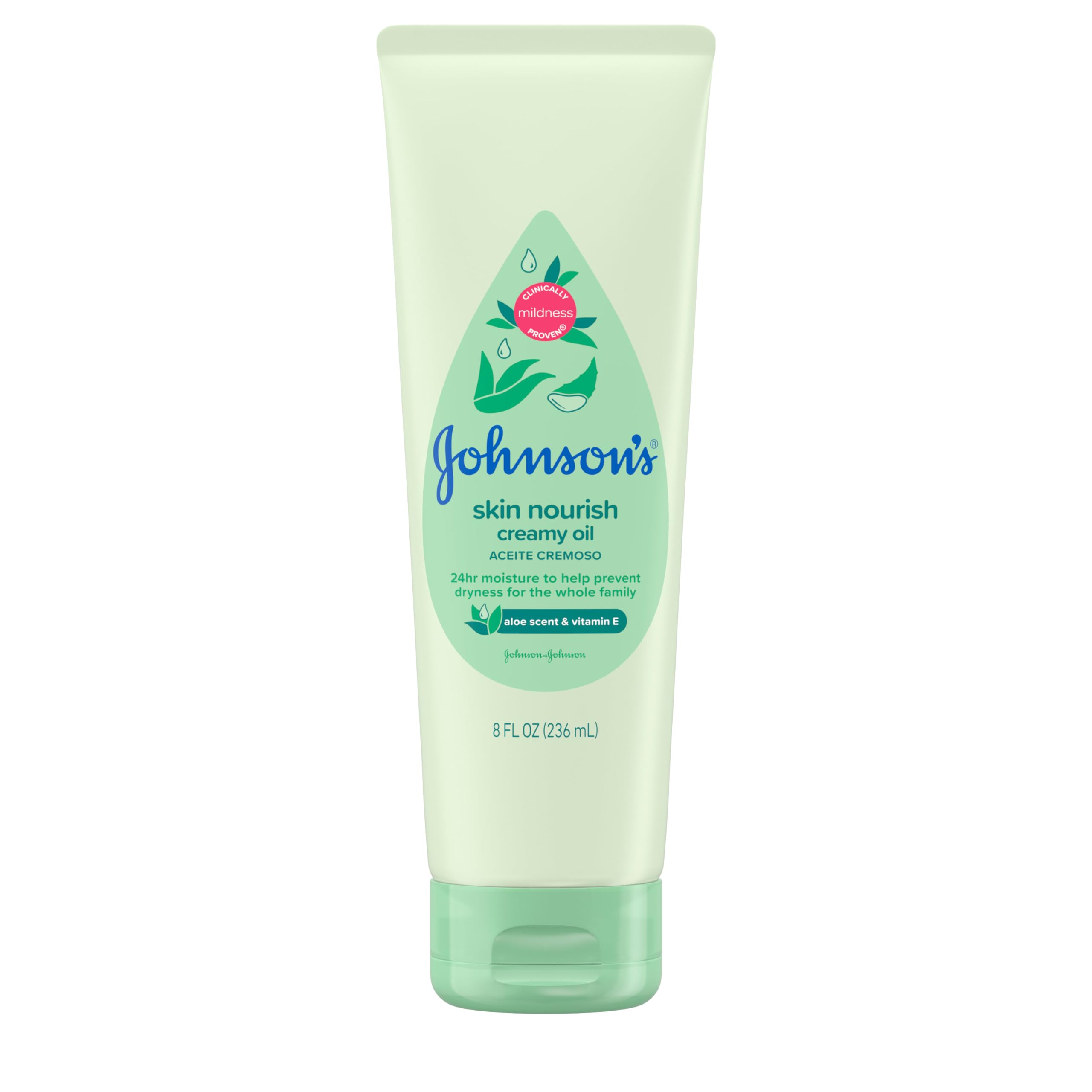 Johnson's Skin Nourish Creamy Oil with aloe scent adds gentle moisture for baby skin.