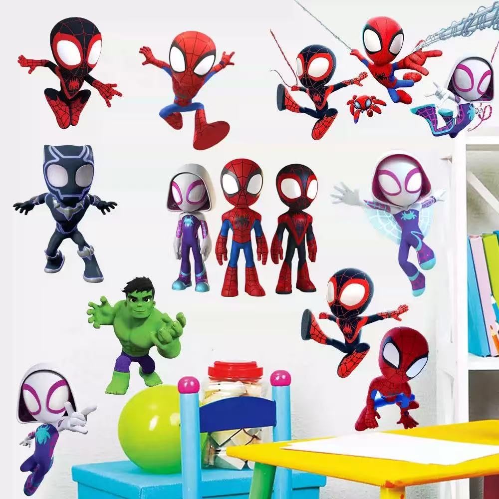 Joi-Fun Spideyman stickers on walls create a lively play area with vibrant colors.