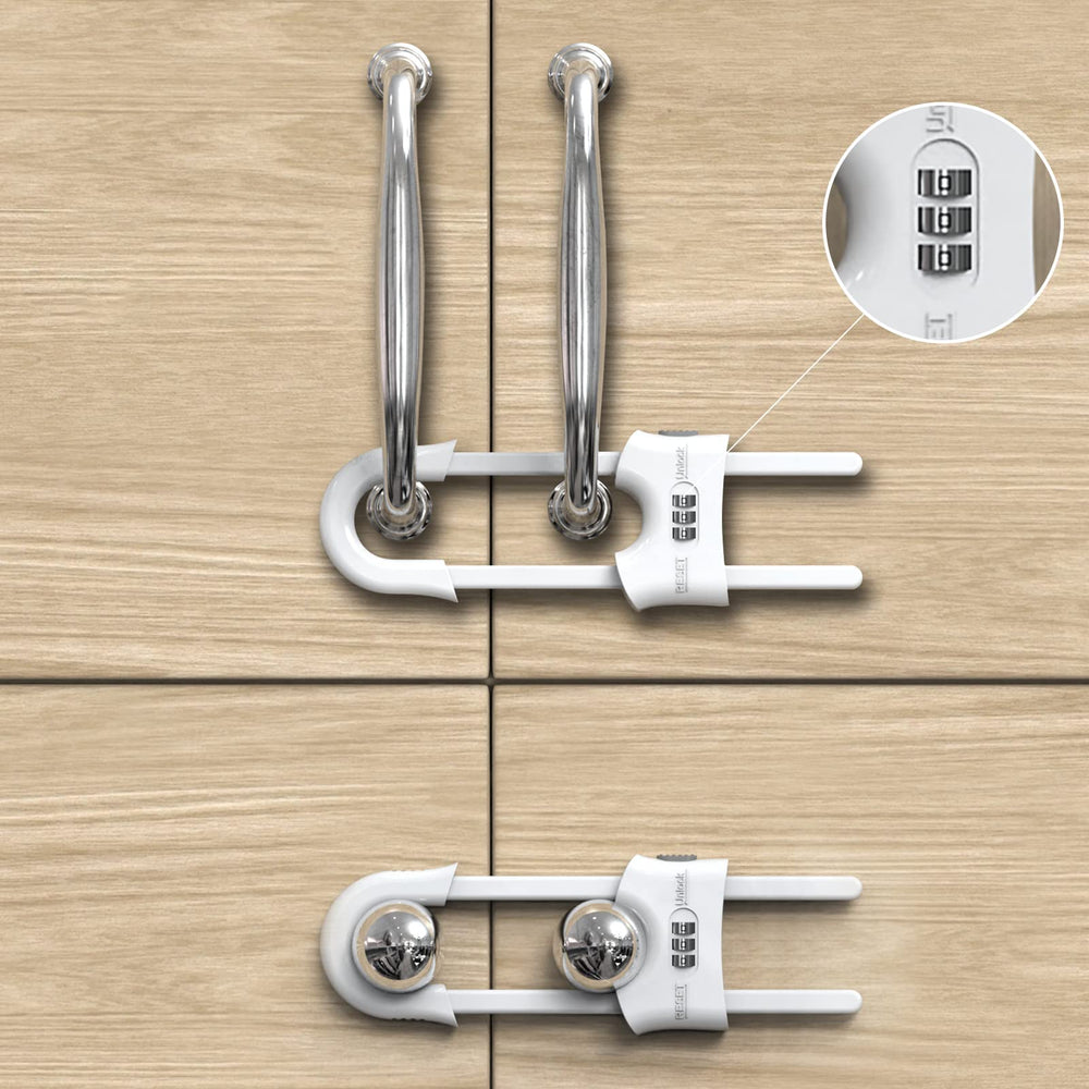 Jola's House 4-pack child proof cabinet locks securing cabinets from curious kids.