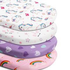 Jola's House unicorn rainbow heart bassinet sheet 4-pack enhances nursery decor and comfort for baby.