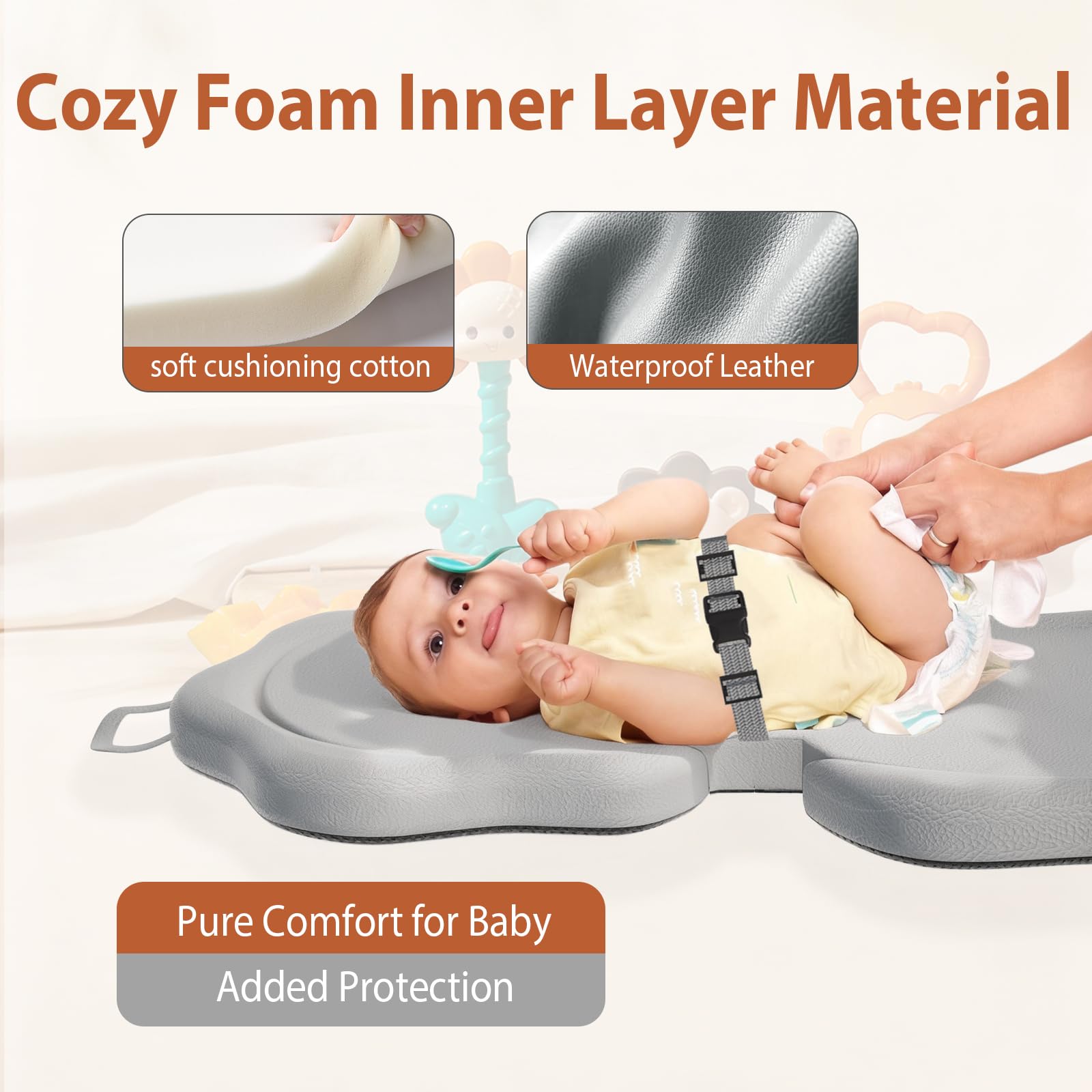 Jolensoy baby changing pad adjustable safety belt securely positions newborn during changes.