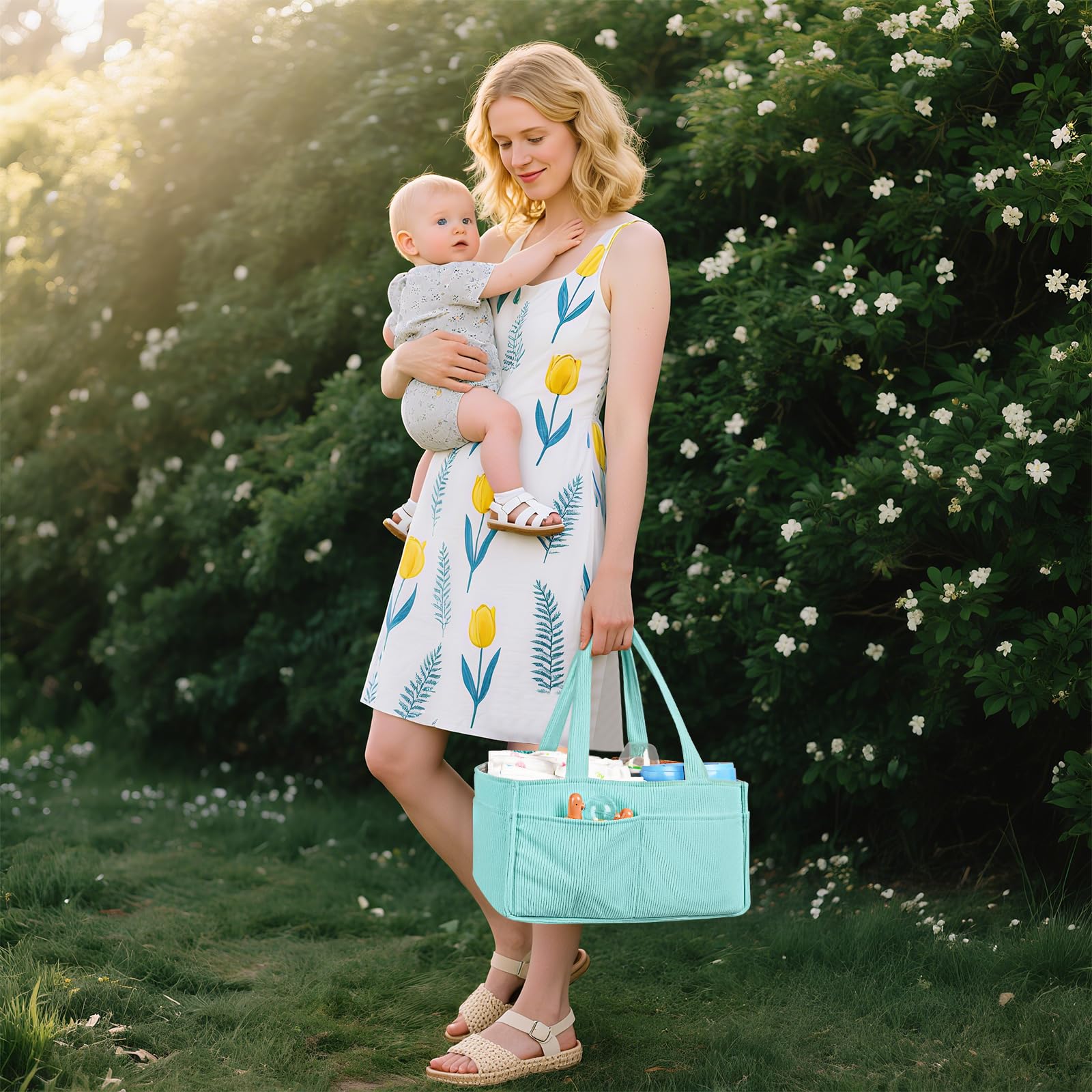Jolensoy blue diaper caddy demonstrates stylish nursery storage solution.