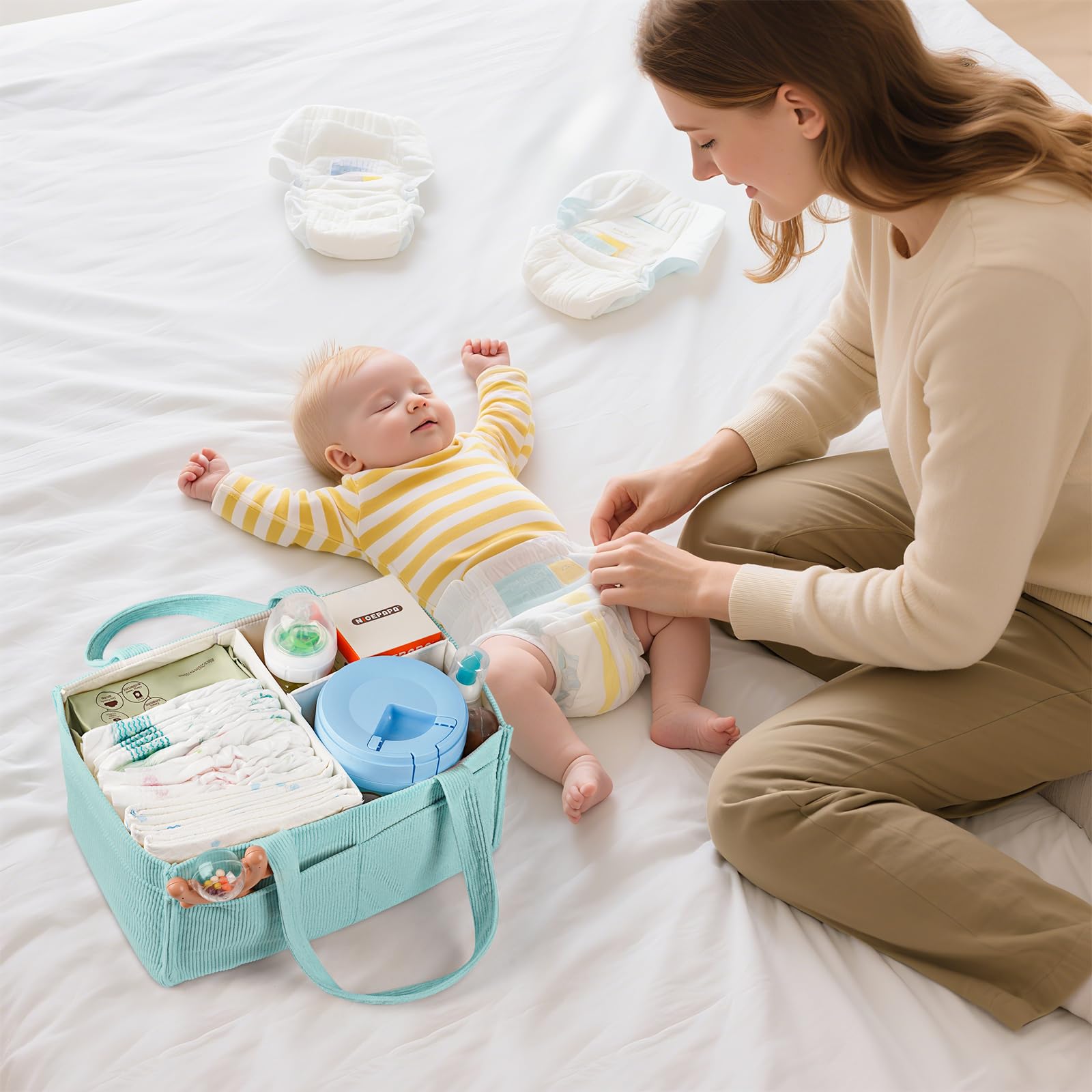 Jolensoy corduroy diaper caddy detail highlights soft, durable fabric for daily use.
