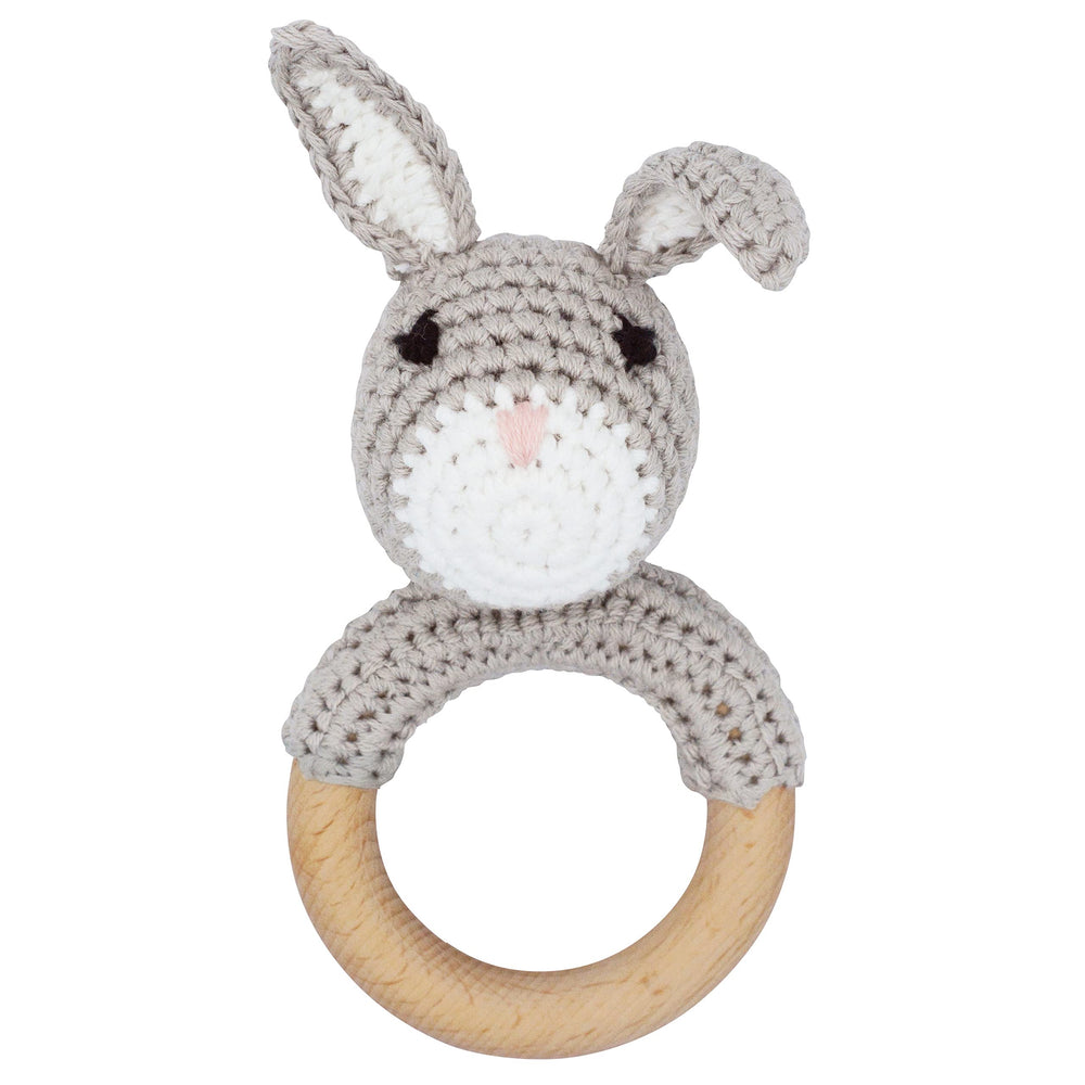 Joliecraft Gray Bunny Rattle with teether ring for soothing teething and sensory play.