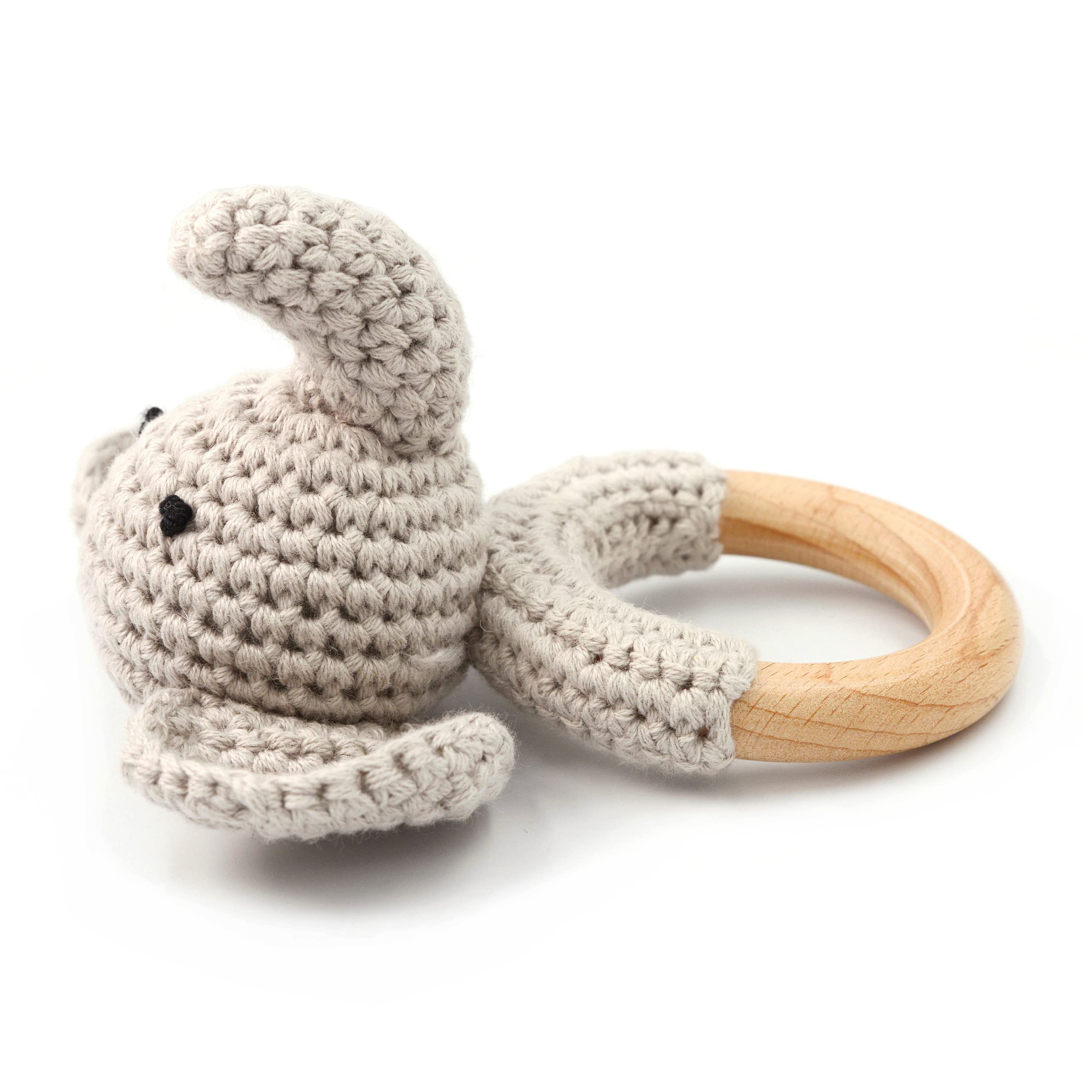 Joliecraft gray elephant teether ring offering smooth wood for teething exploration.