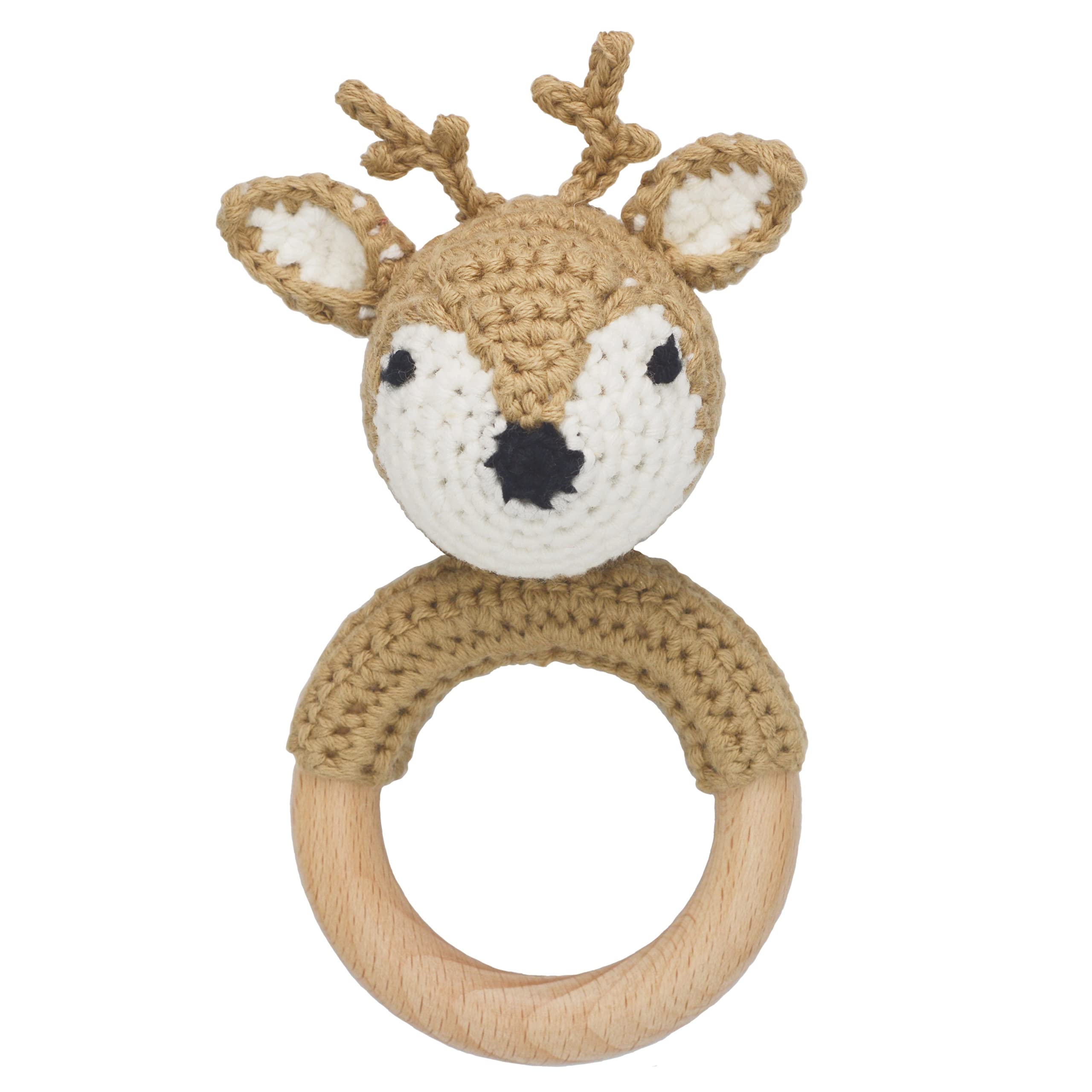 Joliecraft woodland deer rattle with wooden teether ring for sensory play