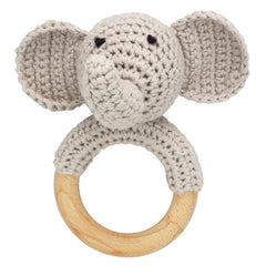 Joliecraft Woodland Friends elephant rattle with soft stitches for baby's sensory play.