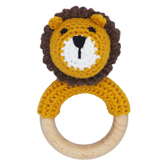Joliecraft Woodland Friends lion rattle for infant auditory development and engagement.