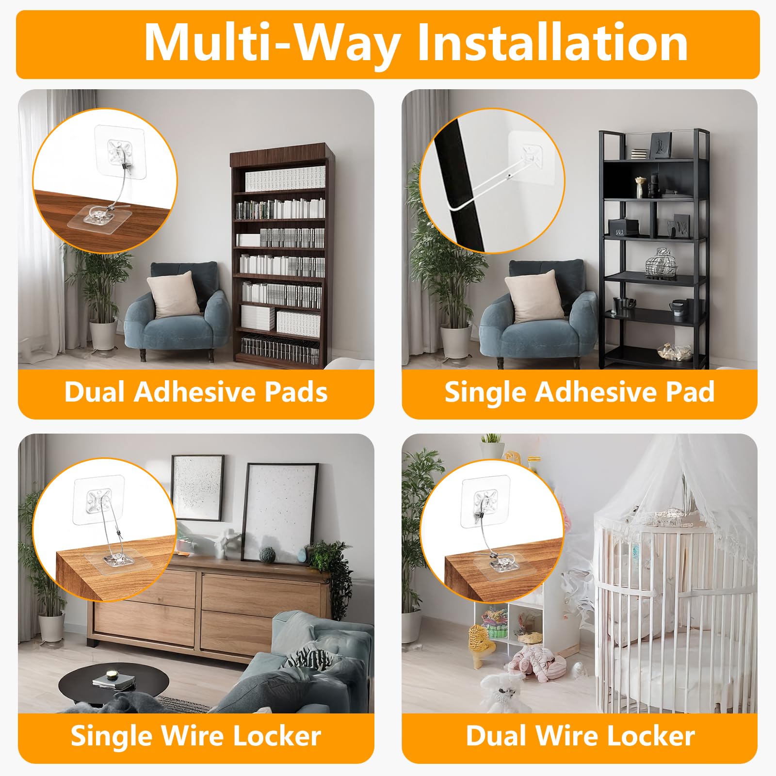 Jolliq anti-tip strap adheres quickly for tool-free installation.