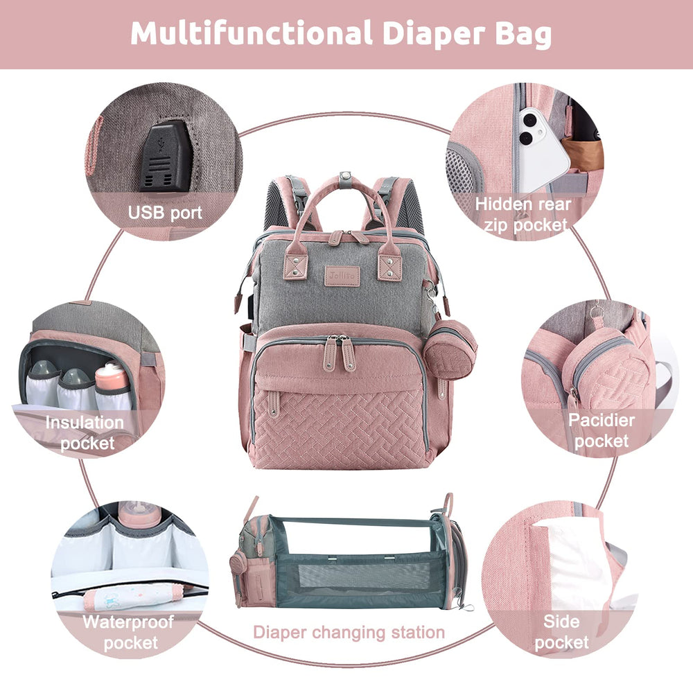 JOLLITO diaper bag stroller strap attachment enables hands-free parenting.