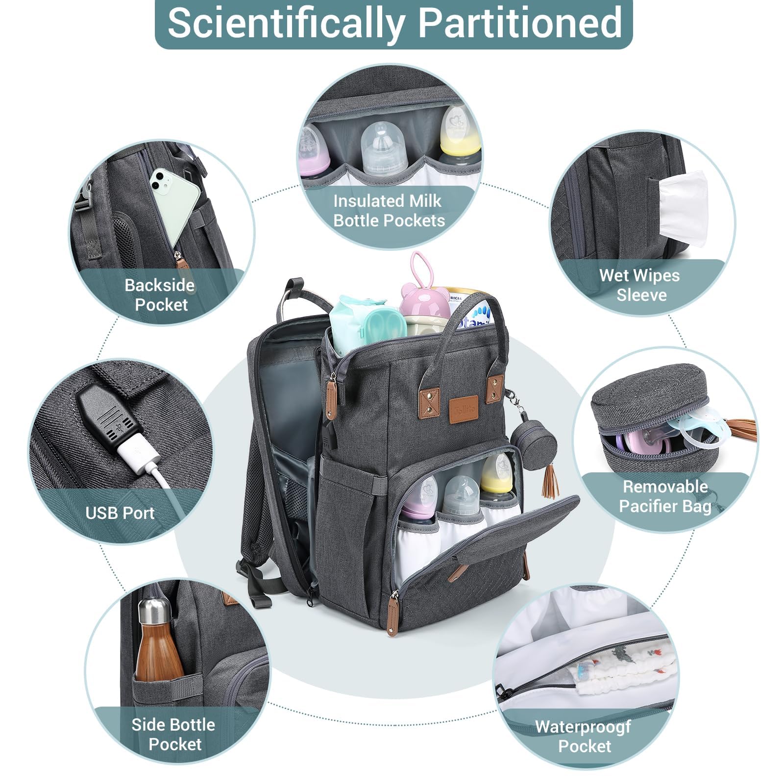 JOLLITO bag features travel straps for easy transport on strollers or luggage.