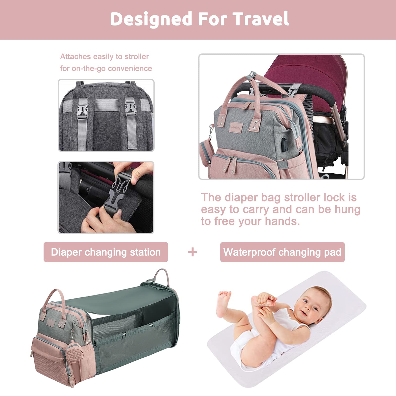 JOLLITO diaper bag unisex design fits both moms and dads on daily outings.