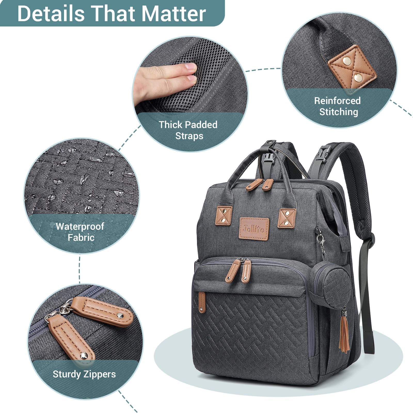 JOLLITO diaper bag includes USB charging port for powering devices on the go.