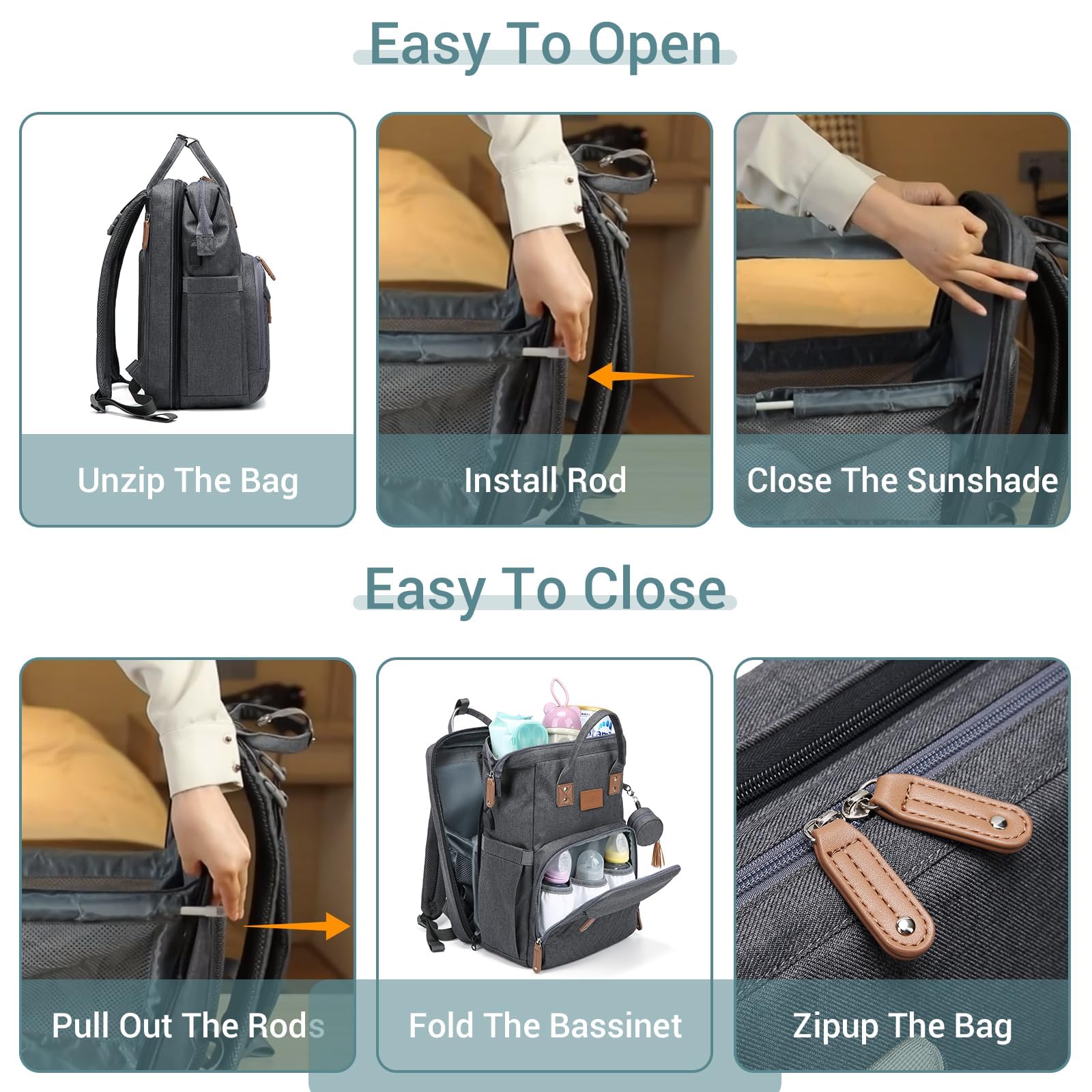 JOLLITO diaper bag is made with waterproof fabric and reinforced seams for durability.