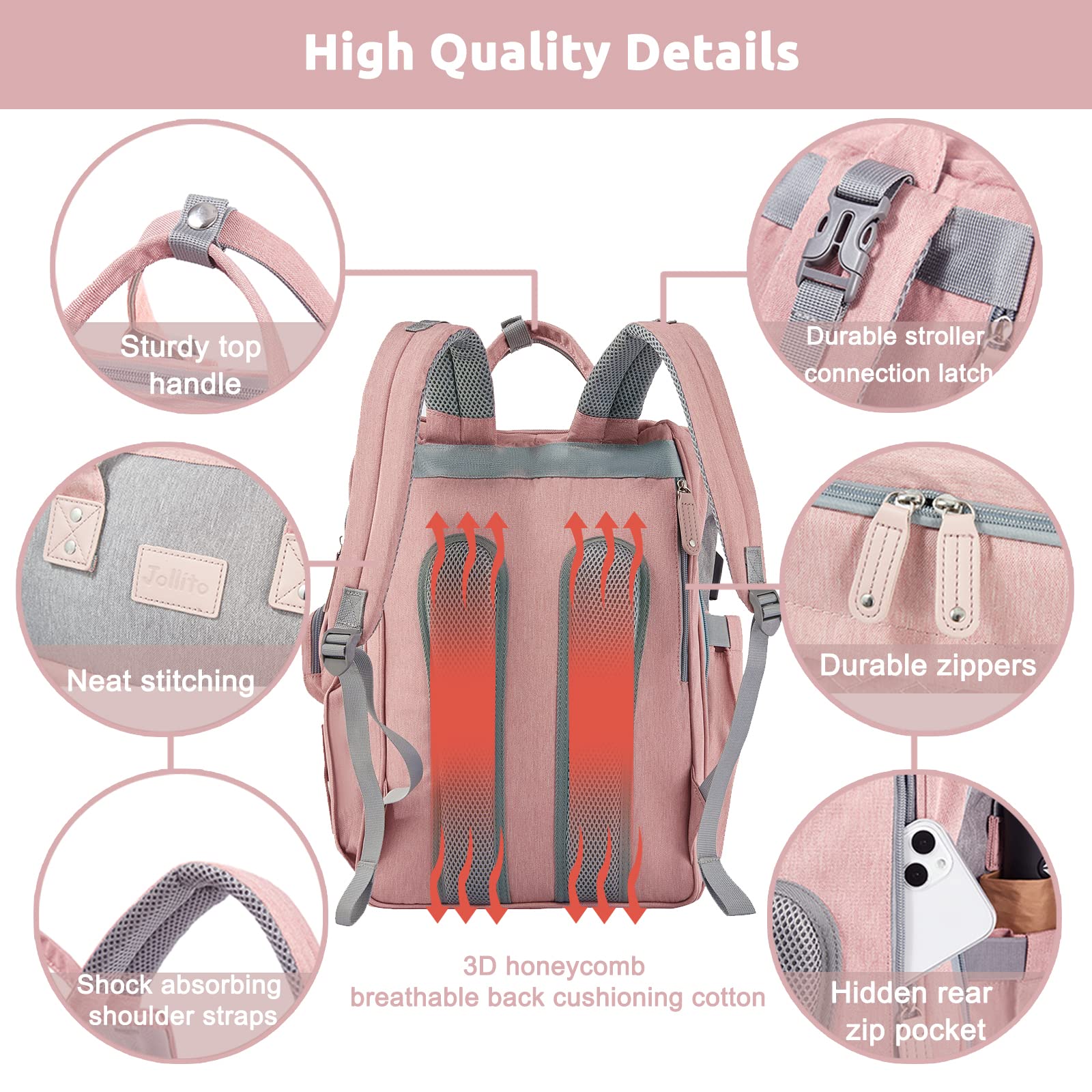 JOLLITO diaper bag waterproof fabric protects contents in rain or spills.