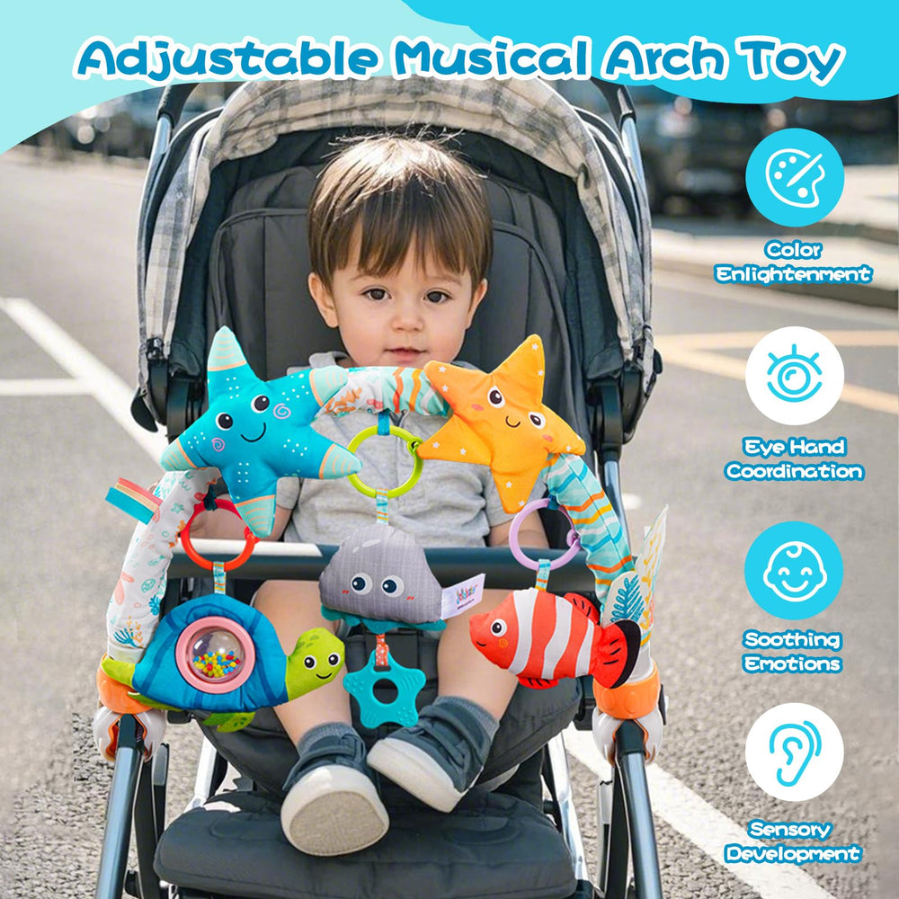 Jollybaby Starfish clip-on arch toy on stroller for on-the-go stimulation