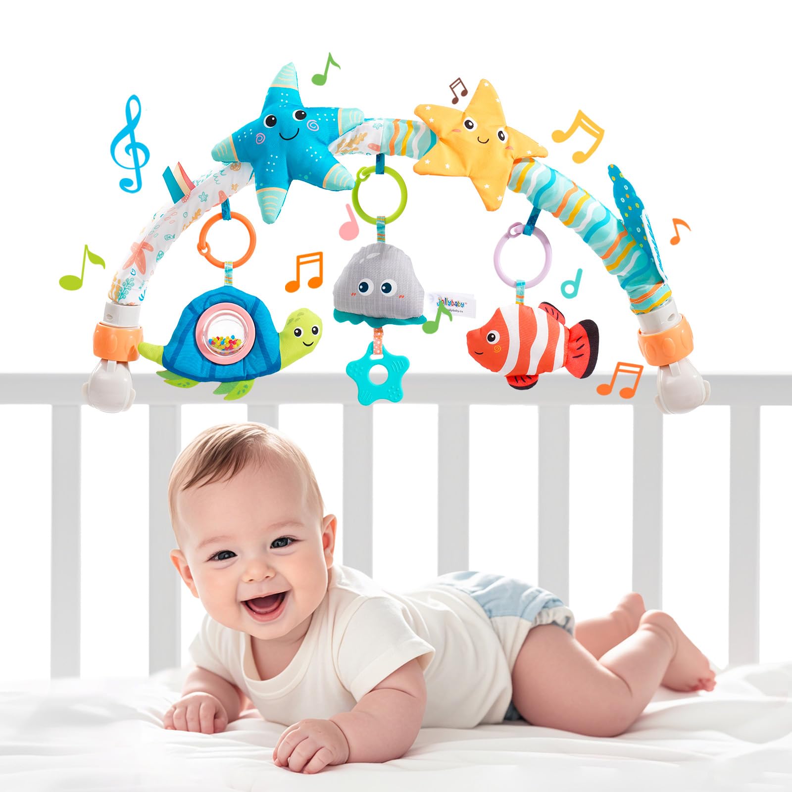 Jollybaby Starfish musical bassinet clip showing portable soothing toy