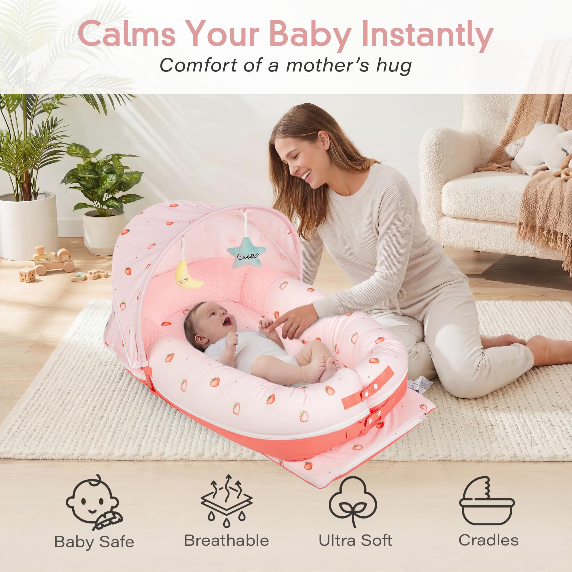 JollyBoo Deluxe lounger showcases bamboo-cotton cover for breathable, skin-friendly use