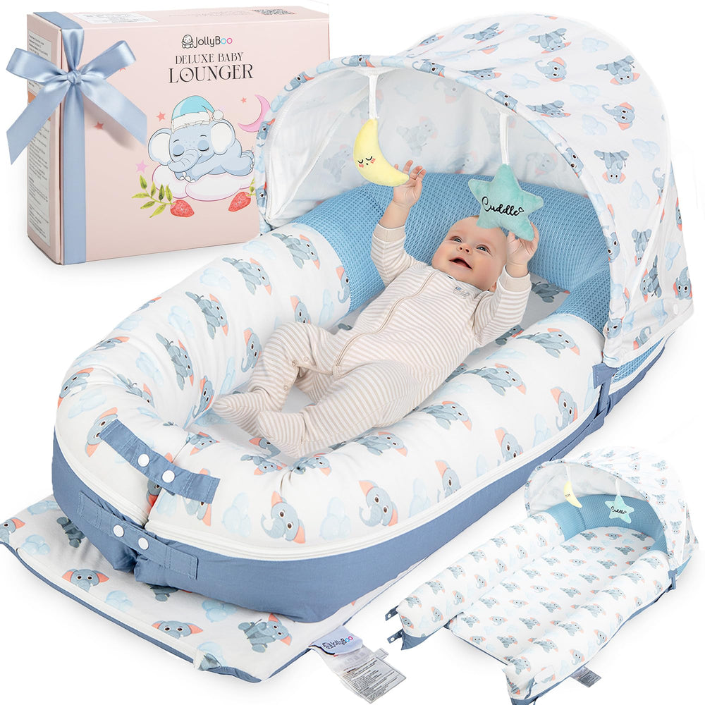 JollyBoo Deluxe infant lounger with blue elephant cover for breathable nap comfort.