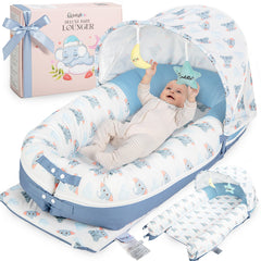 JollyBoo Deluxe infant lounger with blue elephant cover for breathable nap comfort.