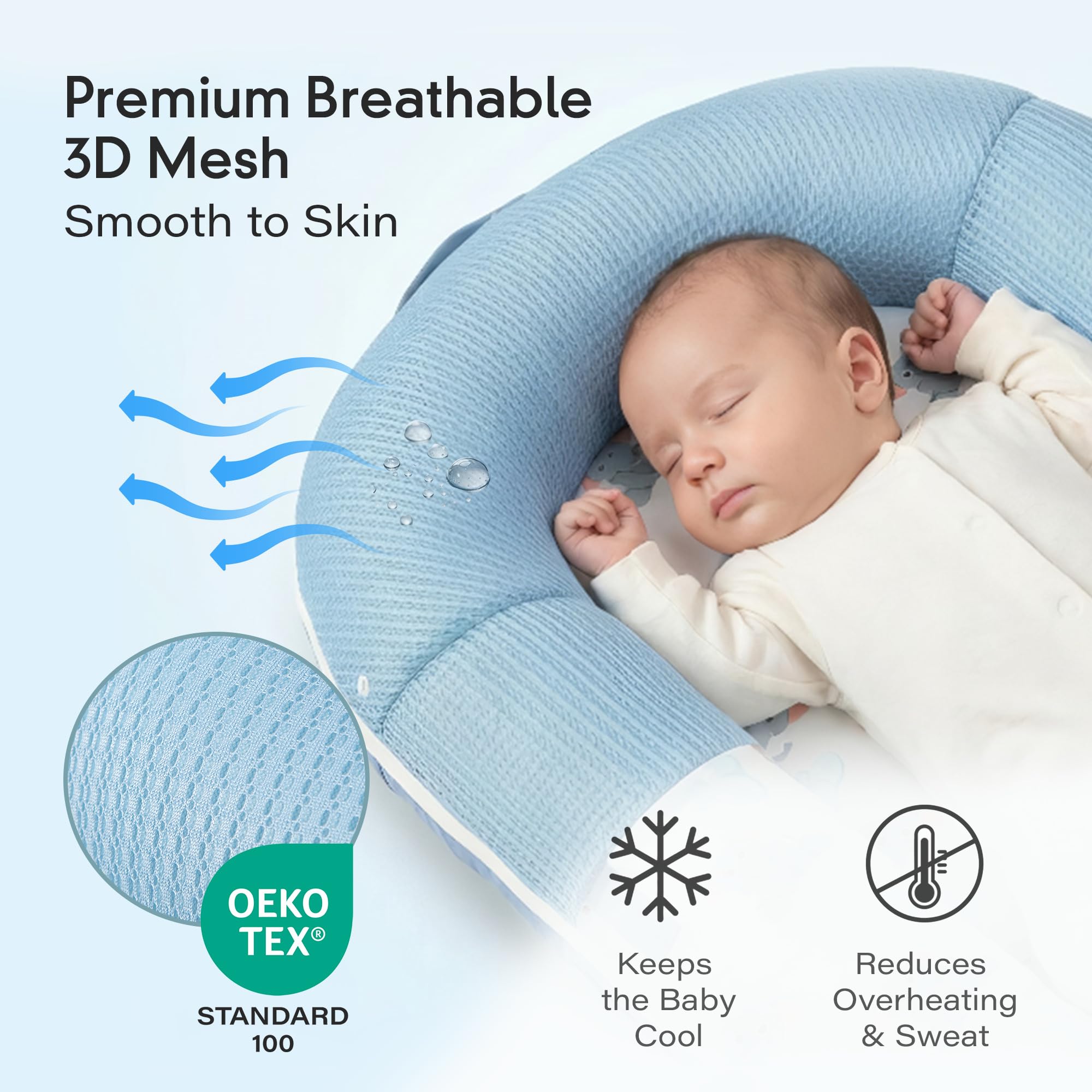 Head-area breathable mesh enhances airflow for lasting baby comfort on the lounger.