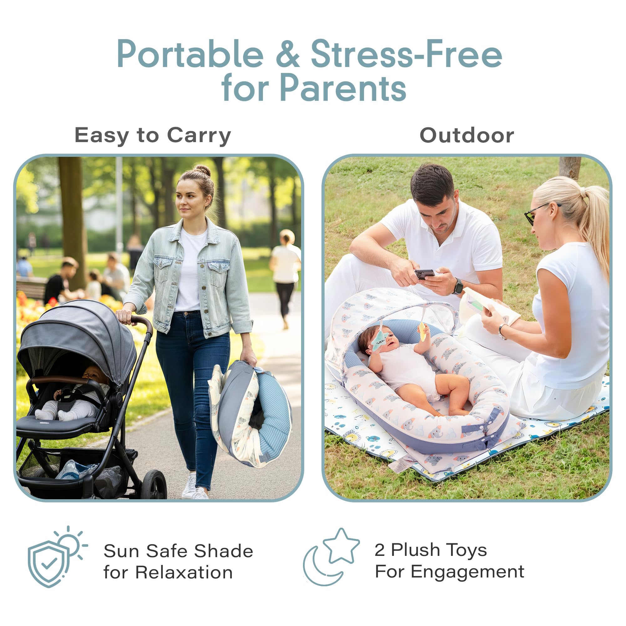 Non-detachable plush toys support safe sensory play on the JollyBoo lounger.