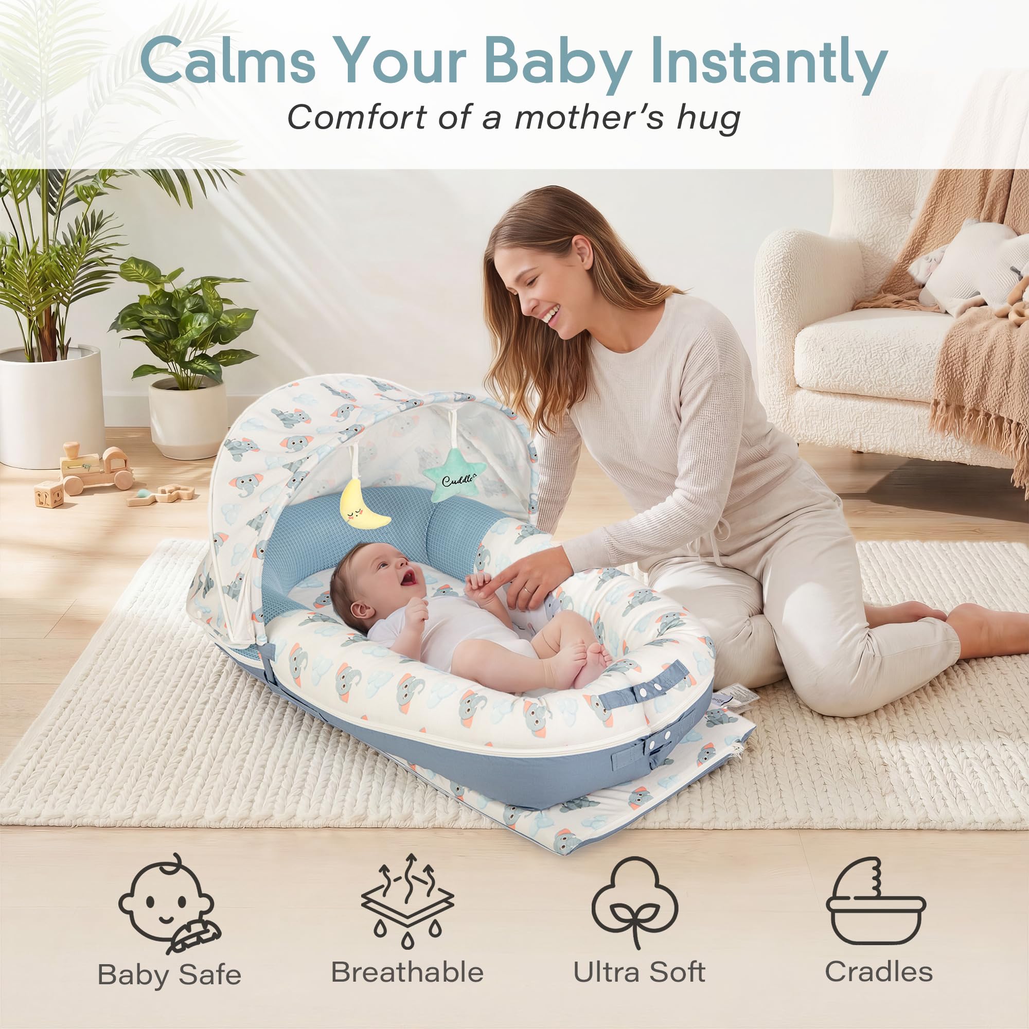Foldable sunshade on the JollyBoo lounger shields baby from glare indoors and outdoors.