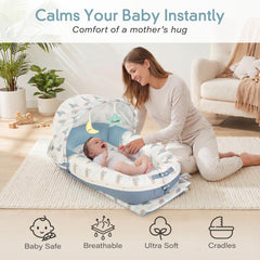 Foldable sunshade on the JollyBoo lounger shields baby from glare indoors and outdoors.