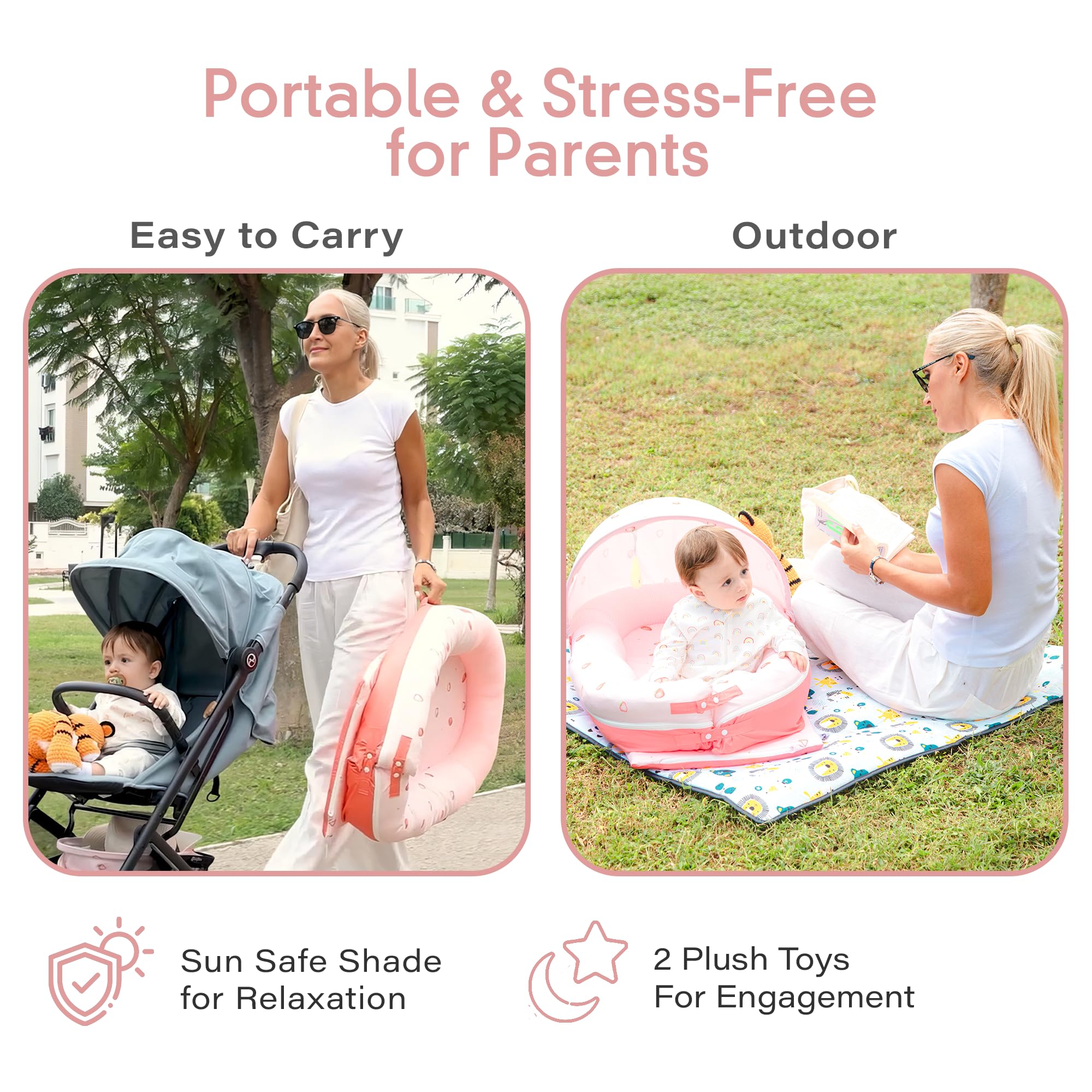 JollyBoo Deluxe lounger includes plush toys for sensory engagement