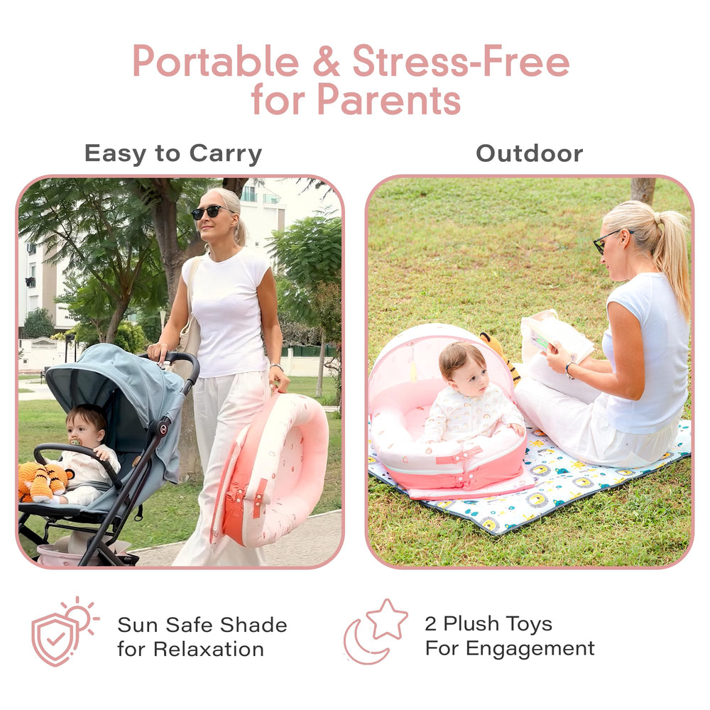 JollyBoo Deluxe lounger includes plush toys for sensory engagement