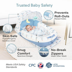 Two plush toys on the JollyBoo lounger provide gentle sensory engagement for babies.