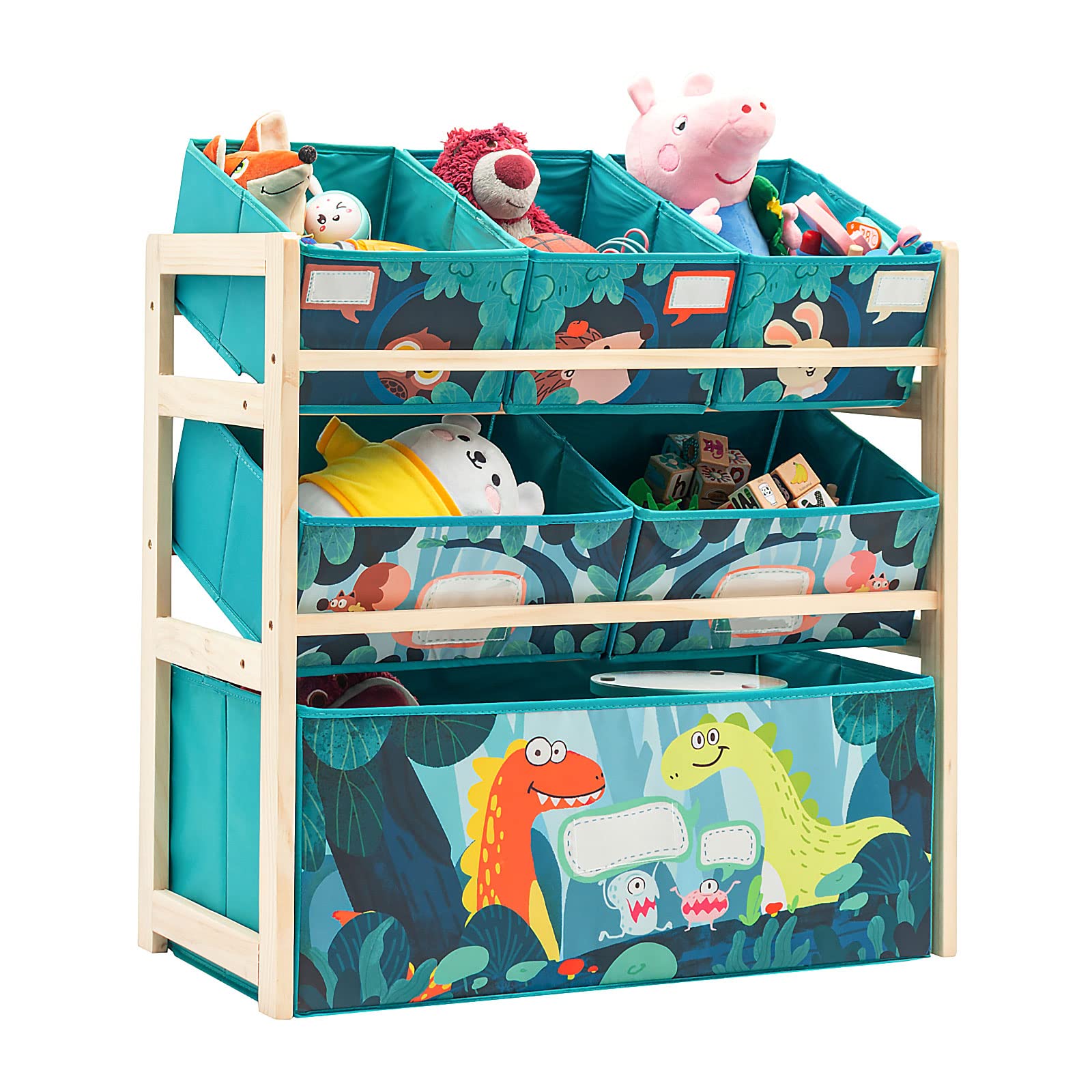 Jomifin kids toy organizer with green dinosaur pattern for easy sorting.