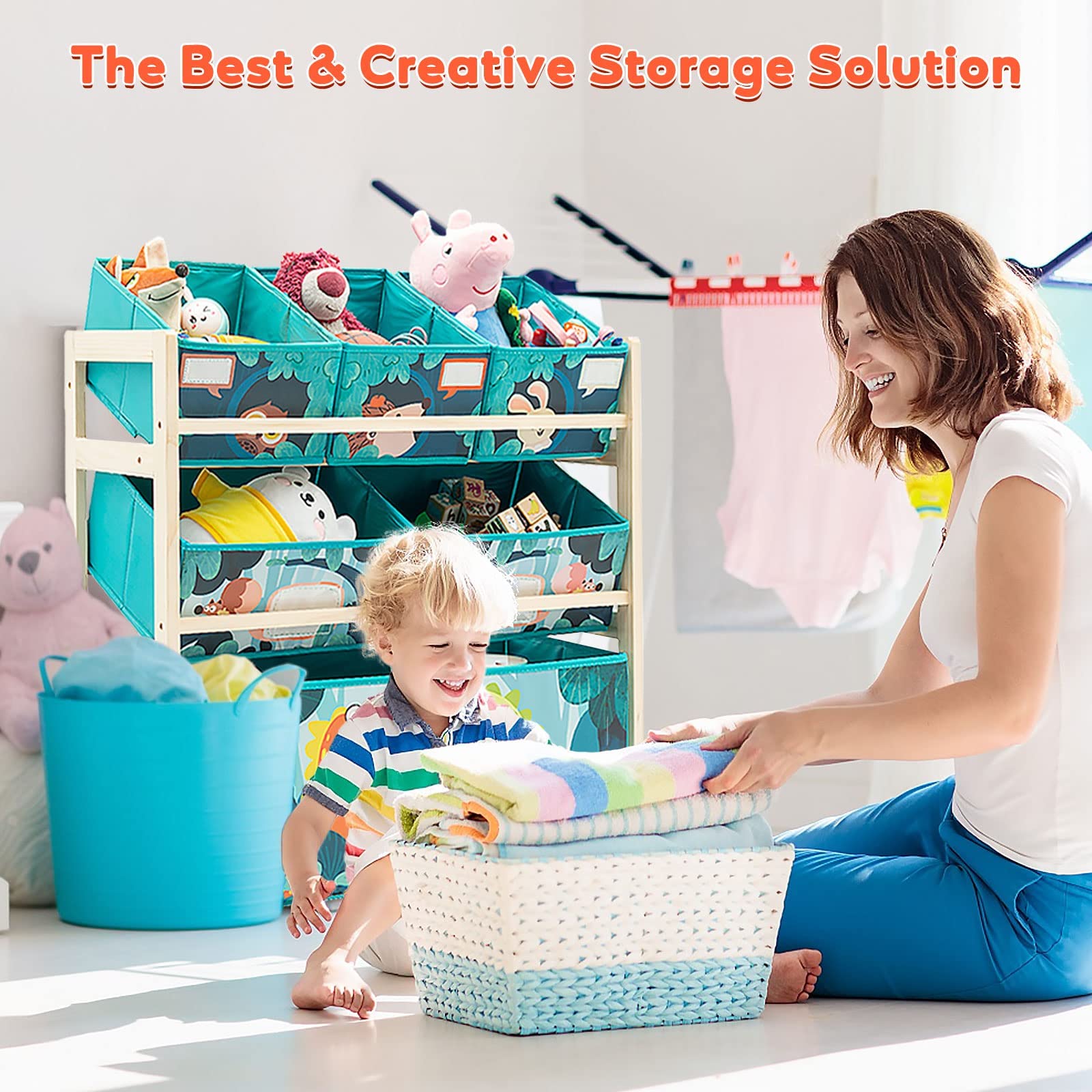 Jomifin dinosaur design helps kids tidy up after playtime.