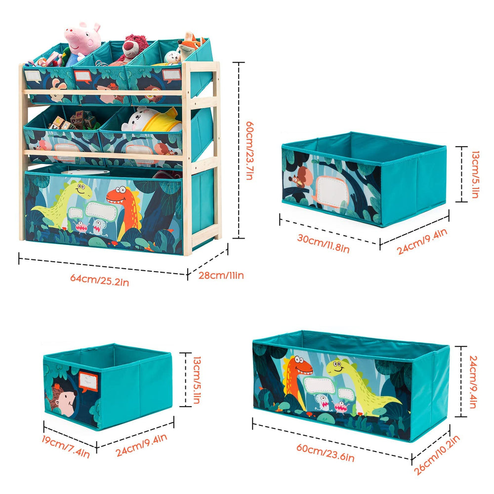 Jomifin three-bin storage keeps blocks, plush toys organized.