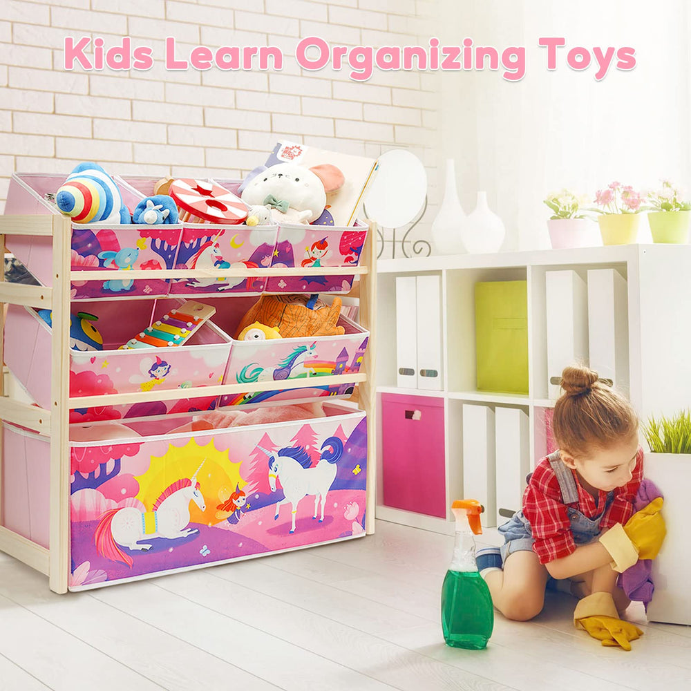Jomifin wood frame balances the bins for sturdy toy storage