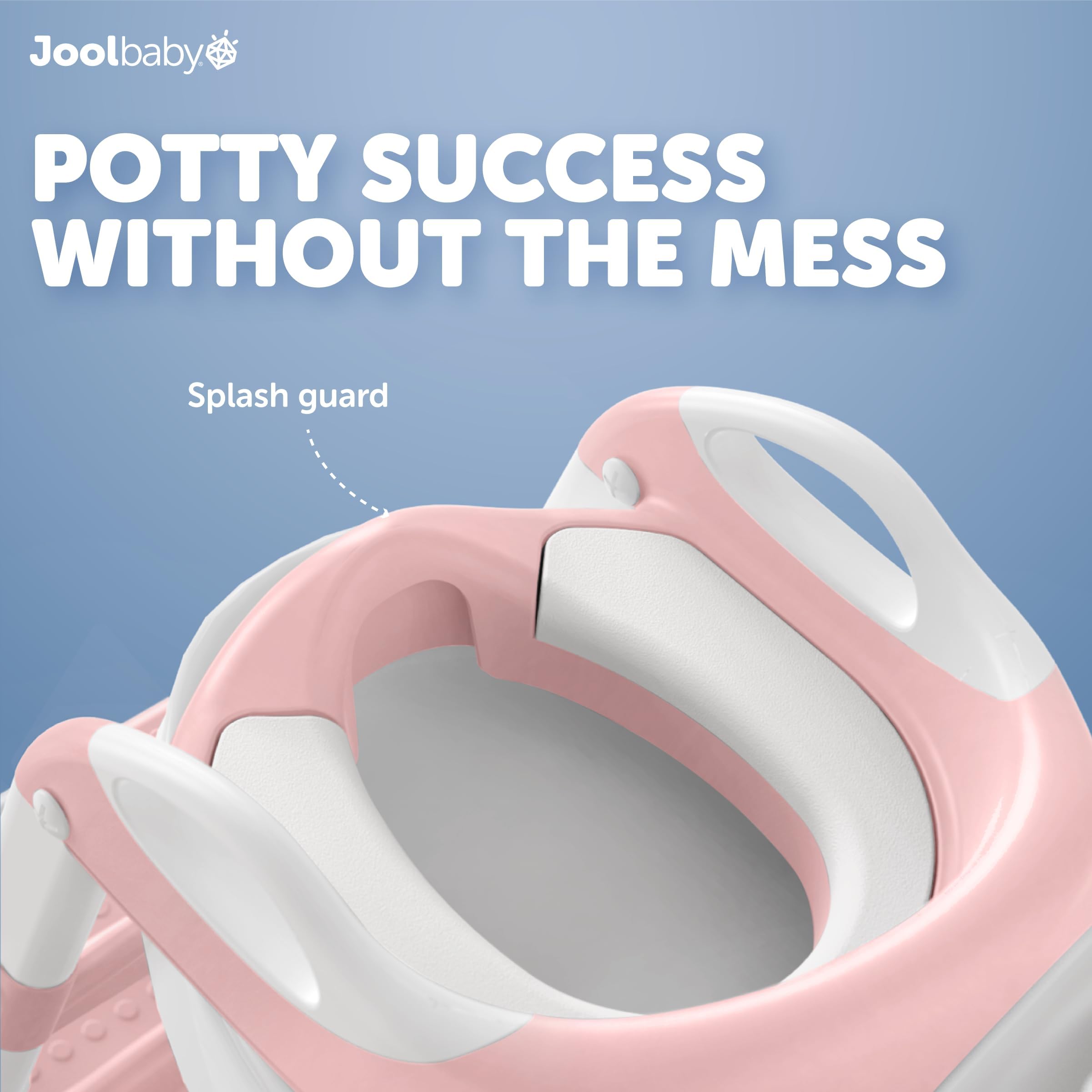 Adjustable-height potty seat fits most toilets with a pink finish.