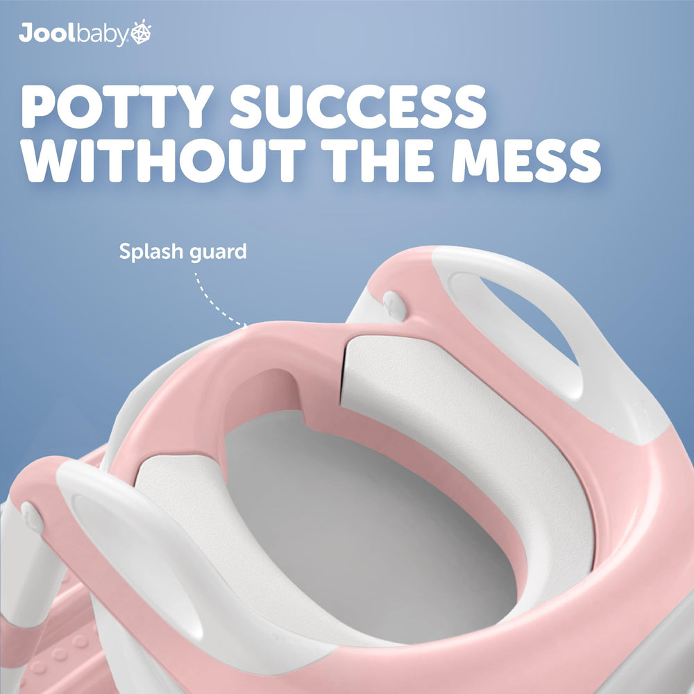 Adjustable-height potty seat fits most toilets with a pink finish.