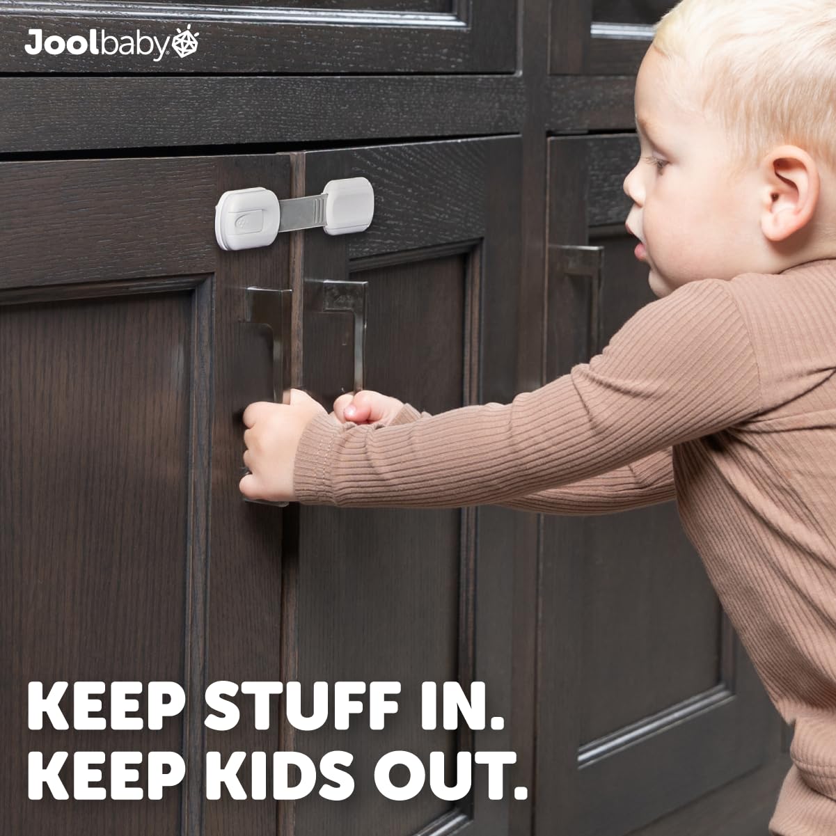 Jool Baby drawer lock secures storage without tools for daily safety.