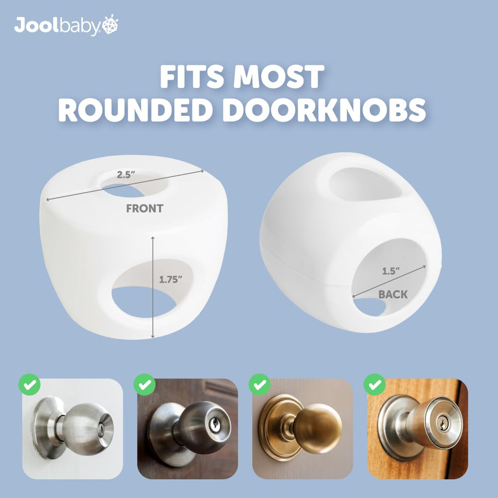 Jool Baby door knob covers fit most rounded doorknobs to keep rooms child-safe without bulk.