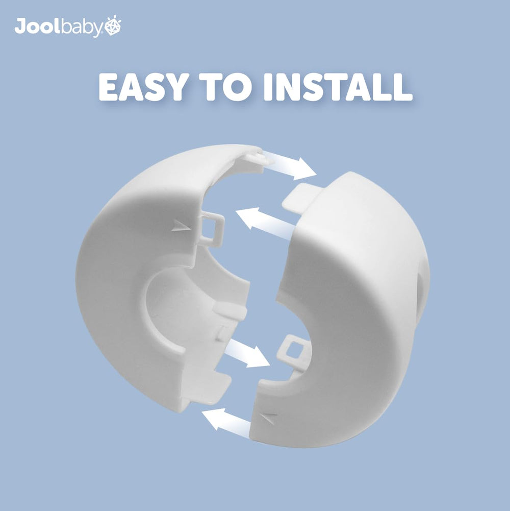 Jool Baby door knob covers unobtrusive design blends with decor while still restraining door-opening.