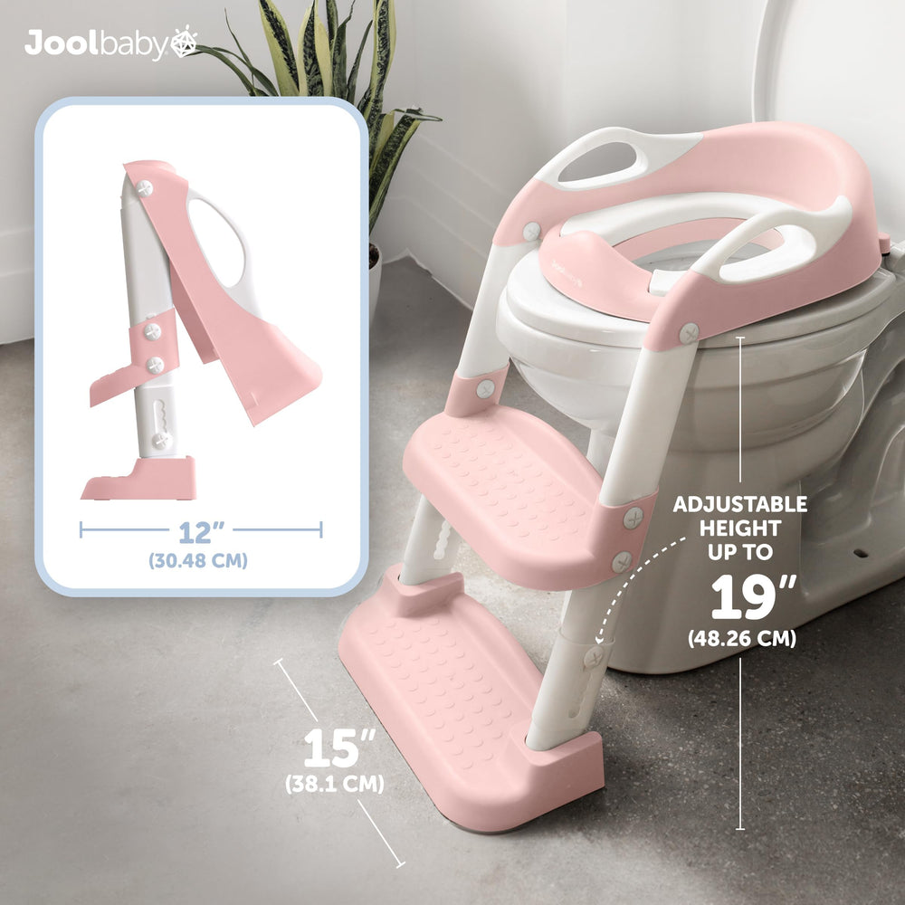 Foldable pink potty ladder by Jool Baby for compact storage.
