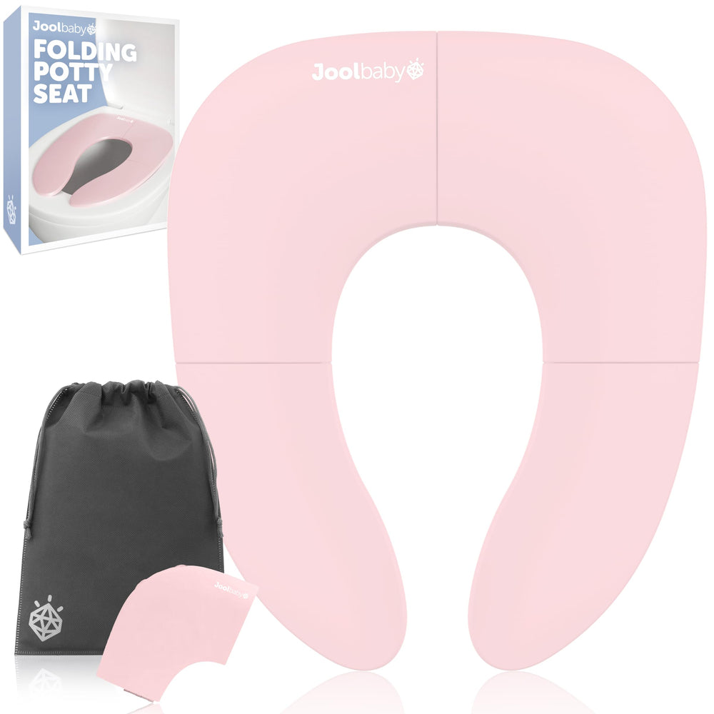 Jool Baby folding travel potty seat in pink, compact fold for on-the-go use.