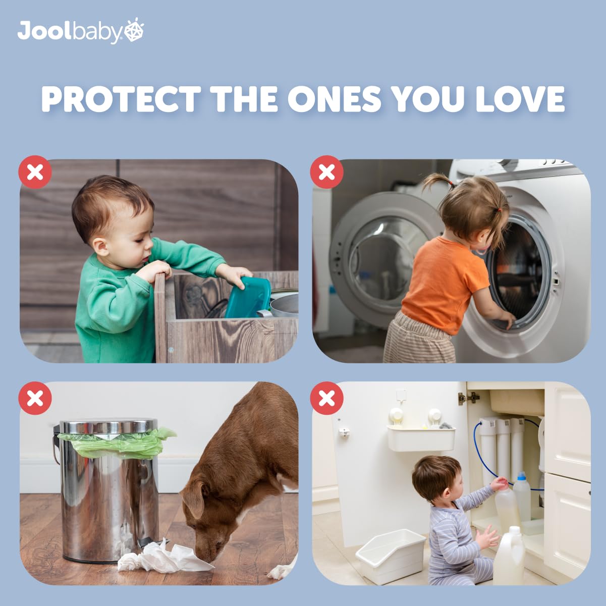 Jool Baby no-drill installation with strong 3M adhesive keeps cabinets secure.