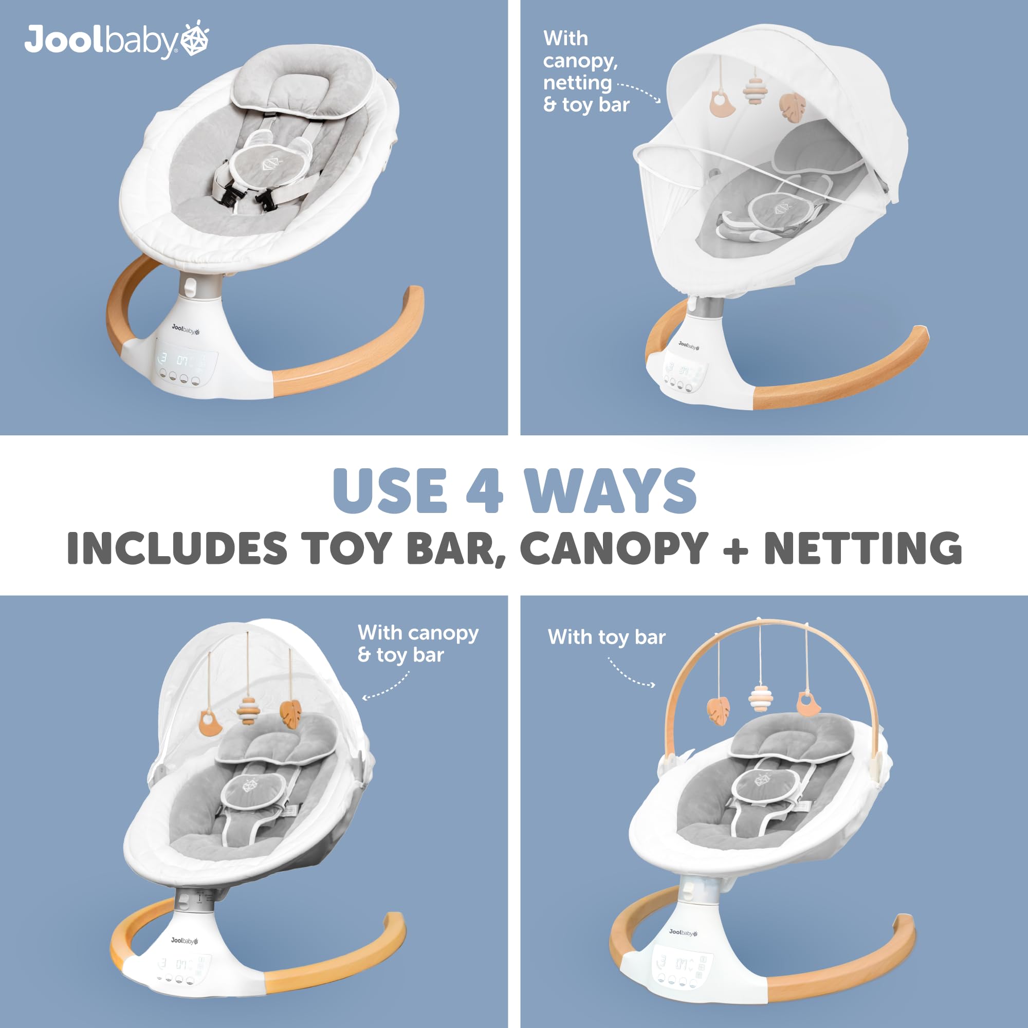 Jool Baby Nova Nature Swing removable canopy and netting for sun protection.