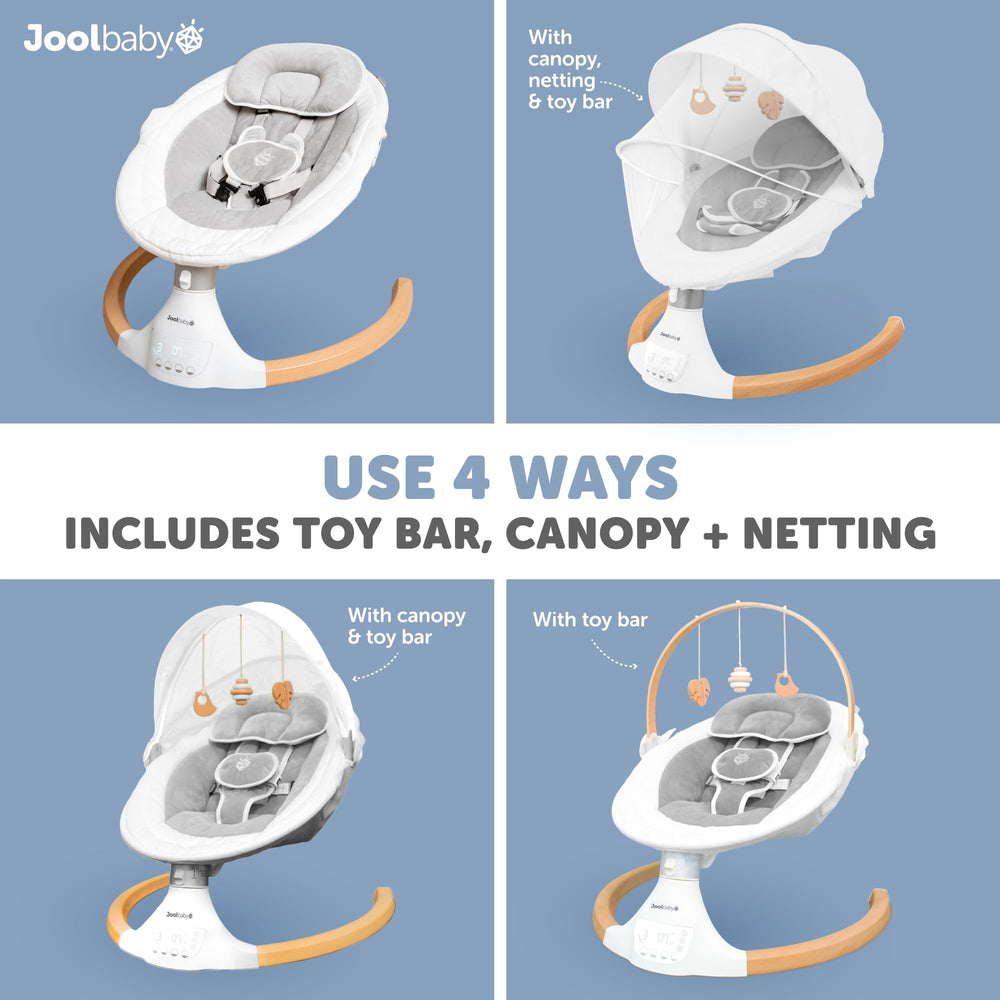 Jool Baby Nova Nature Swing removable canopy and netting for sun protection.
