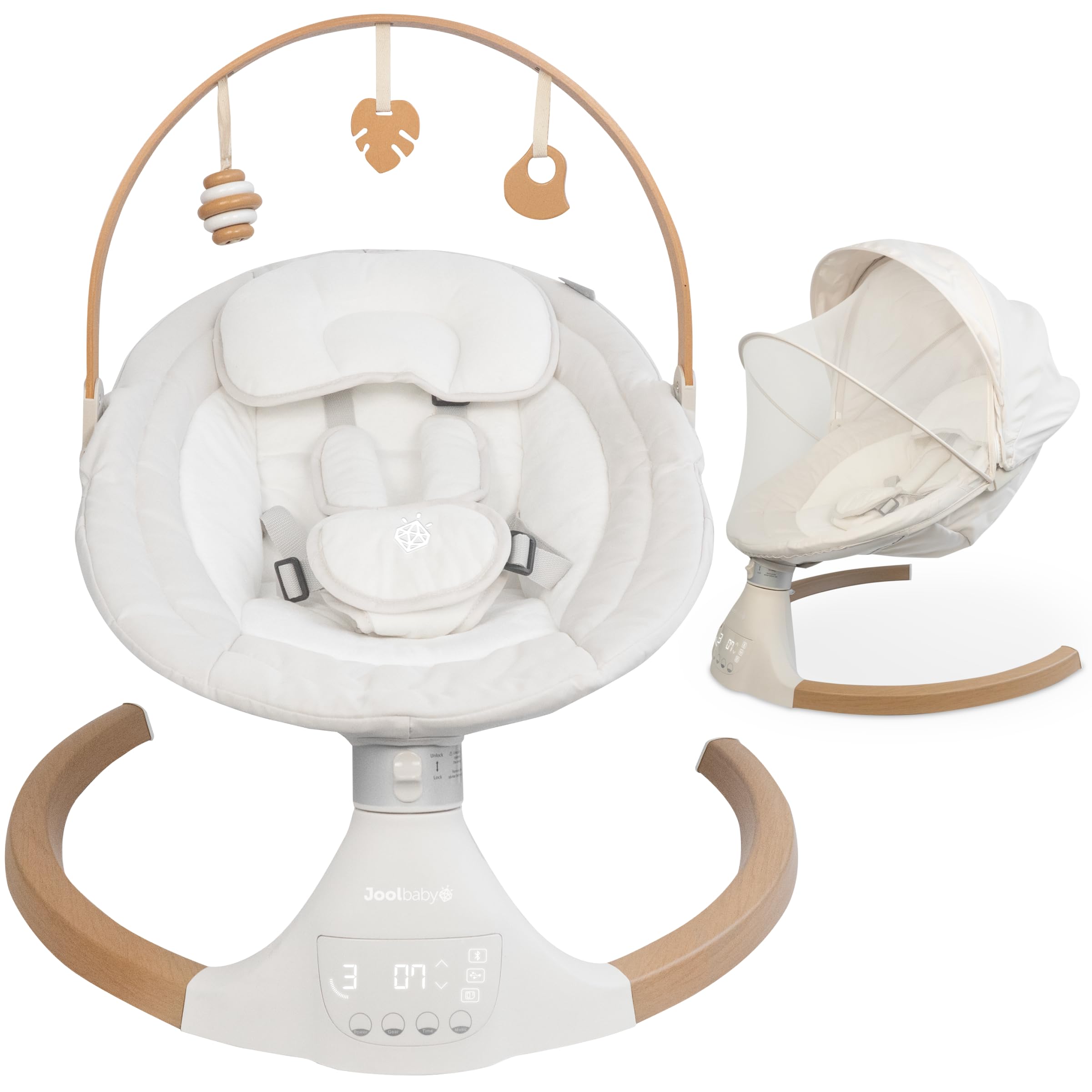Jool Baby Nova Nature swing with wooden toy bar for natural playtime bonding.