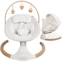 Jool Baby Nova Nature swing with wooden toy bar for natural playtime bonding.