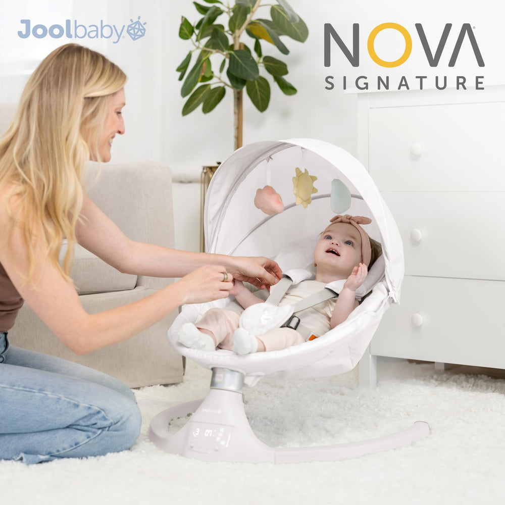 Nova Swing playing music via Bluetooth to calm the baby.